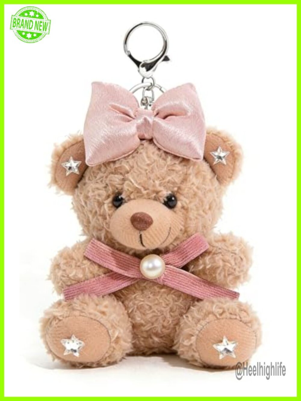 Cute Plush Teddy Bear Bag Charm Keychain with Pink Bow and Star Charms, Clip On